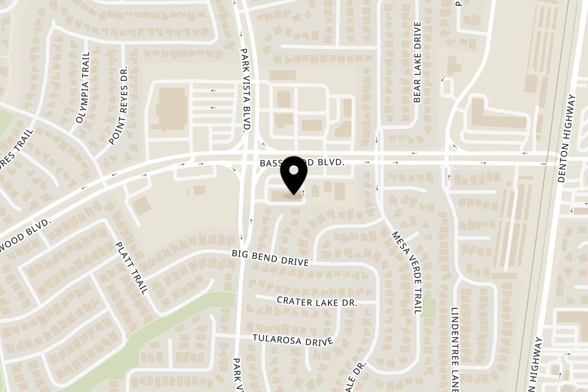 Map showing the location of Jonuzi’s Pizza on 5418 Basswood Blvd in Fort Worth